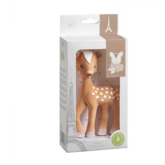 Deer-shaped toy in a box with a visible brand logo on a white background