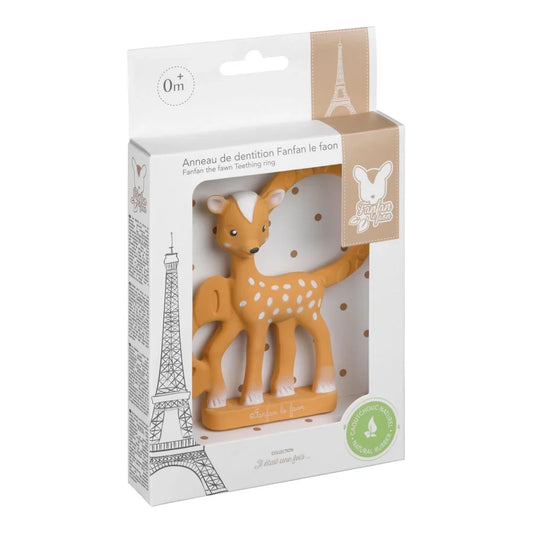 Deer-shaped teething ring in packaging with Eiffel Tower design