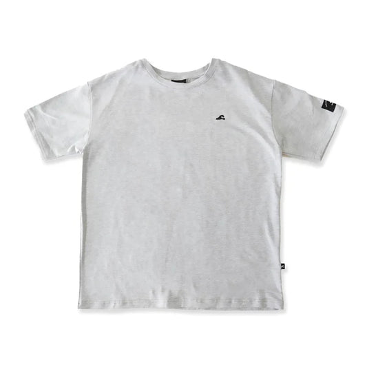 Grey oversize tee with small black hello stranger logo on front left chest. Hello Stranger logo on left sleeve. 