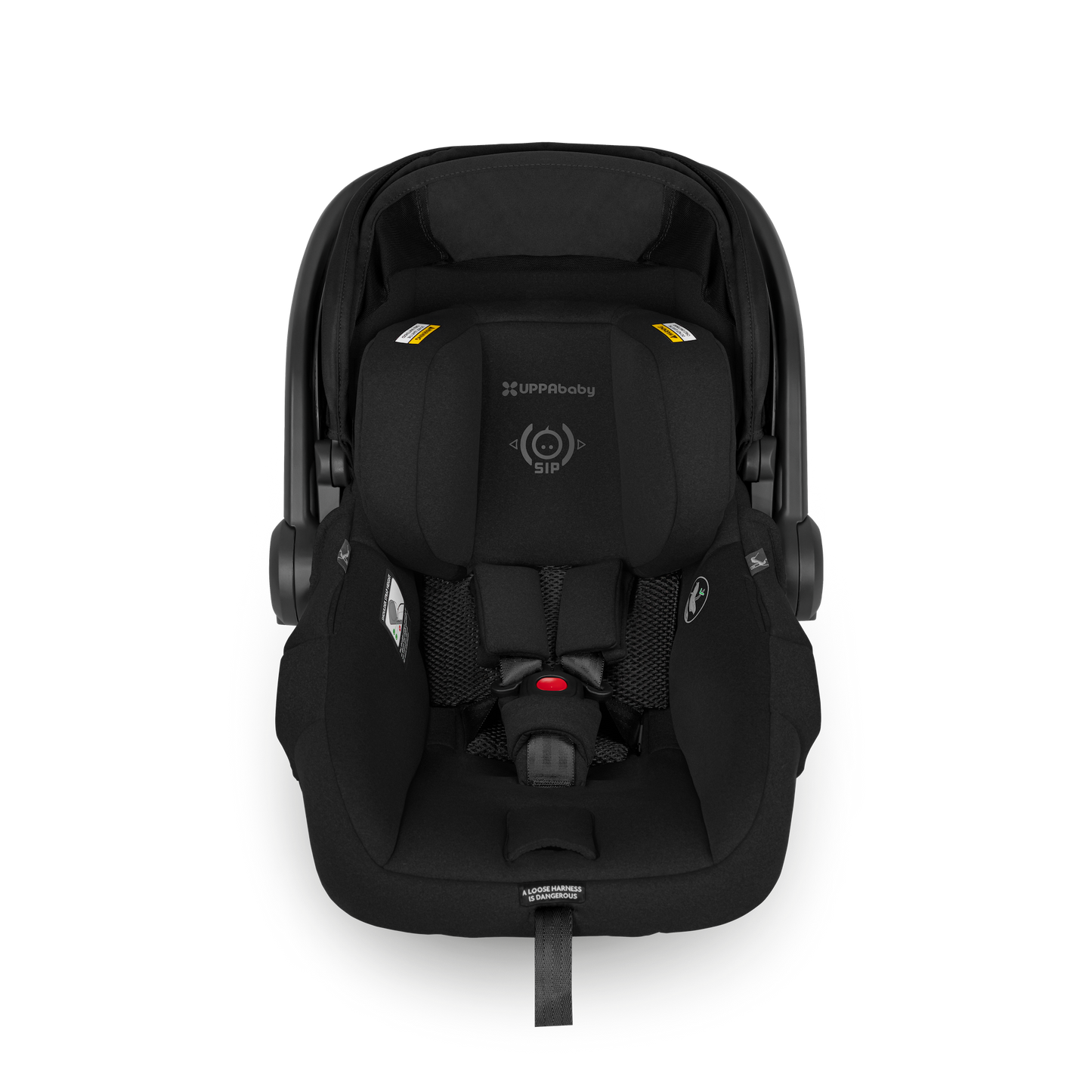 Black baby car seat with visible branding on a white background