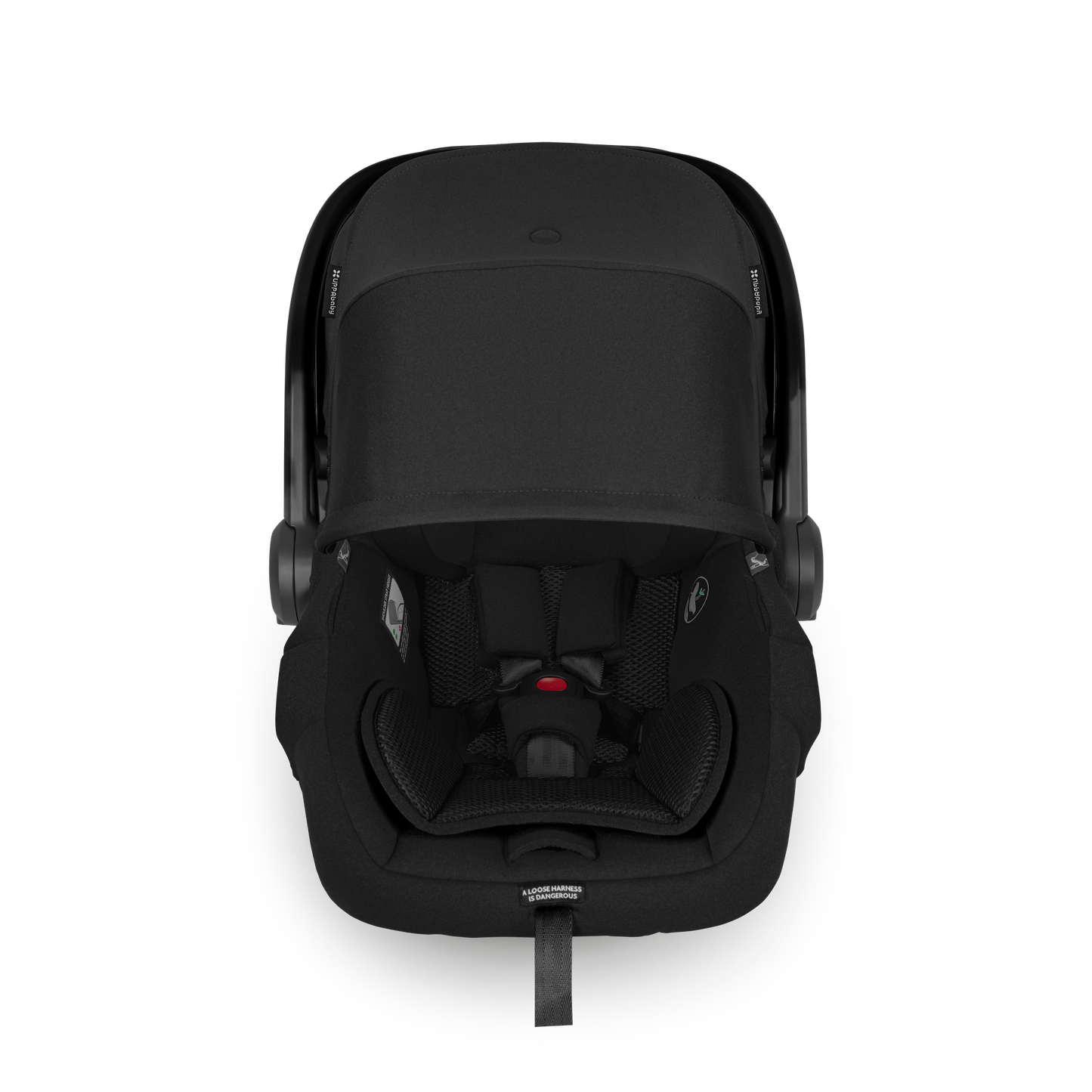Black baby car seat on a white background