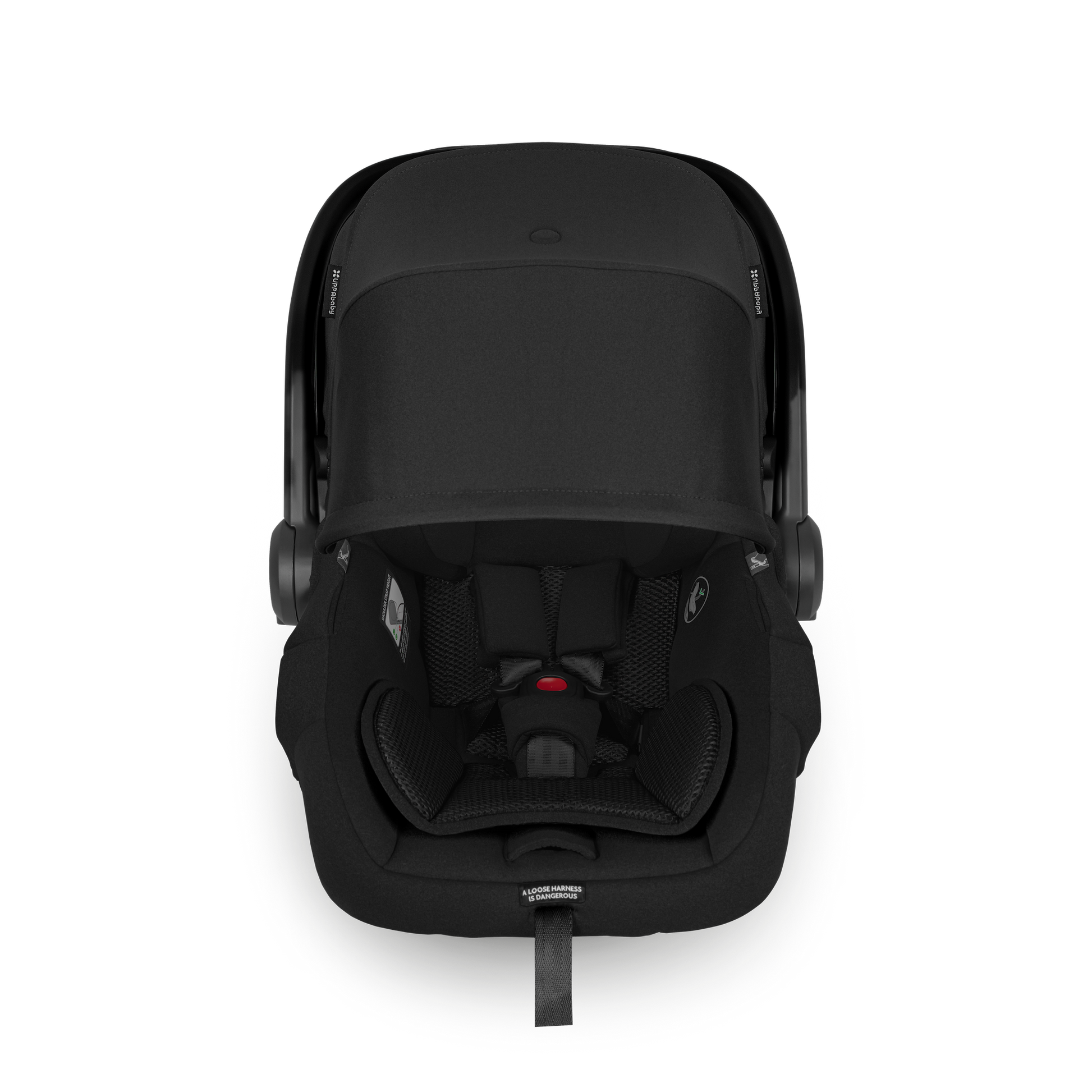 Black baby car seat on a white background