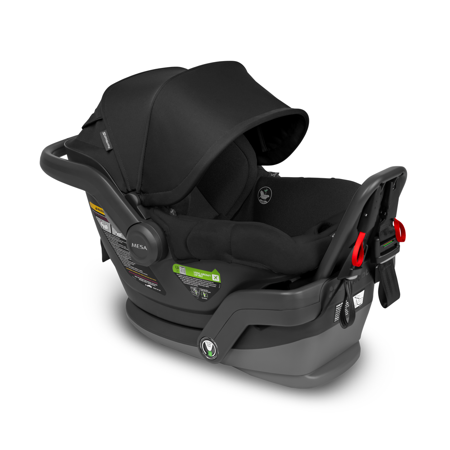 Black baby car seat with red straps on a white background