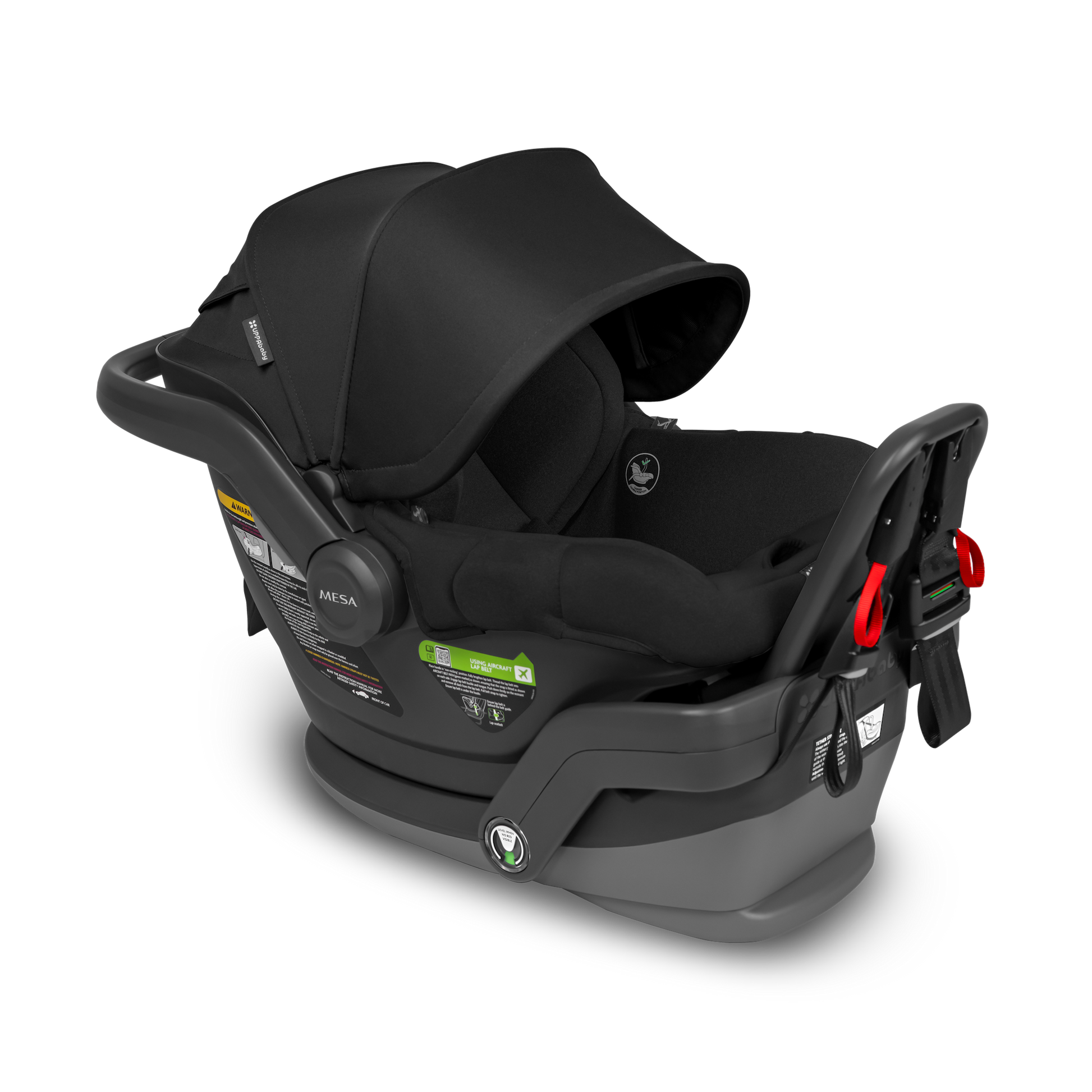 Black baby car seat with red straps on a white background