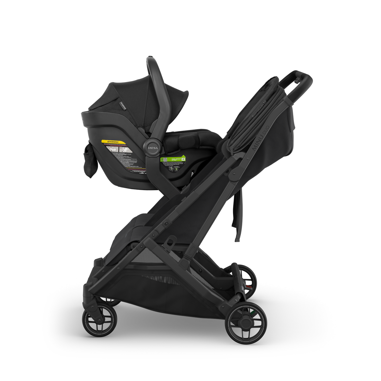 Two black UPPAbaby Minu Duo Capsule adapters for Mesa capsule on Black Storoller on a white background. 