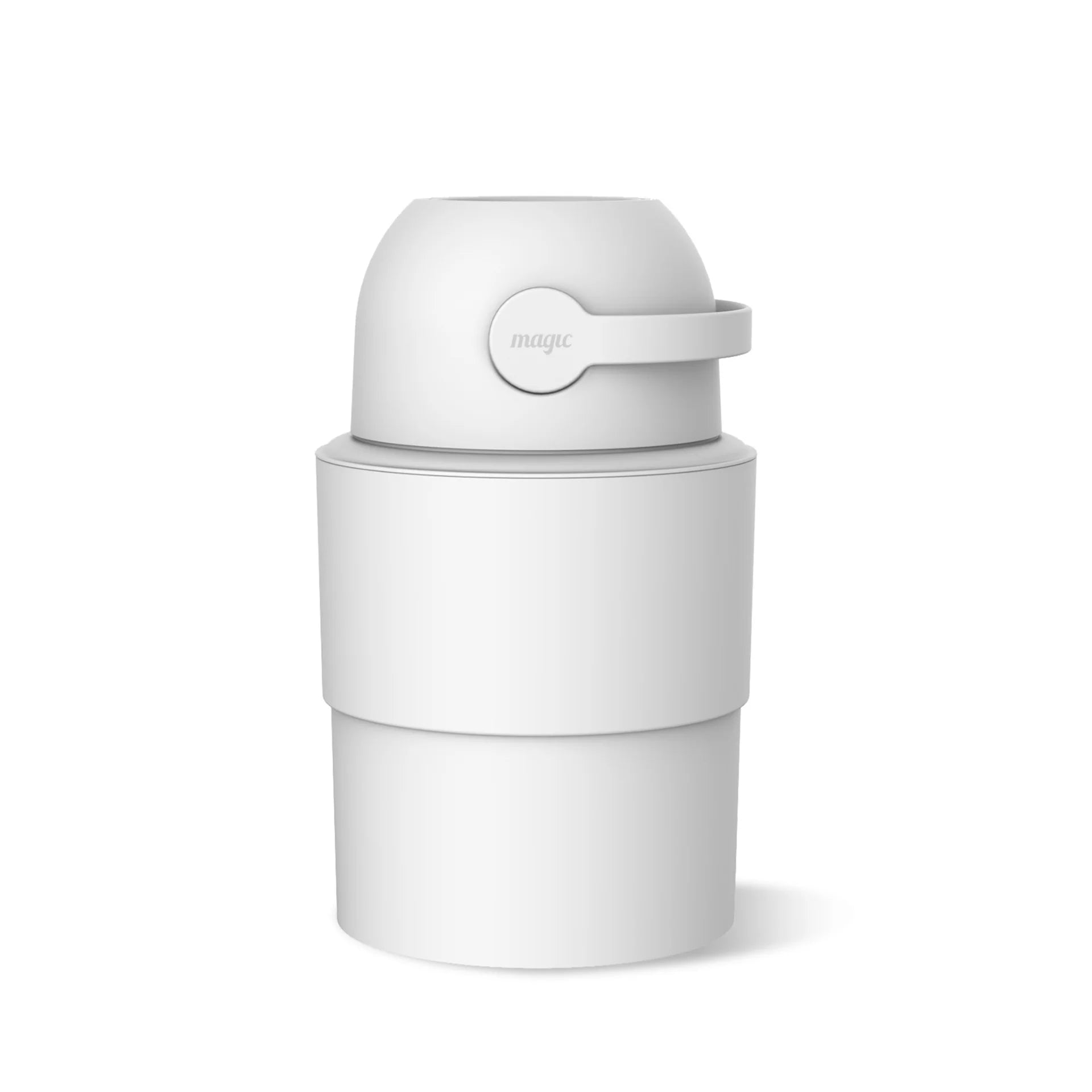 White cylindrical container with a lid on a white background