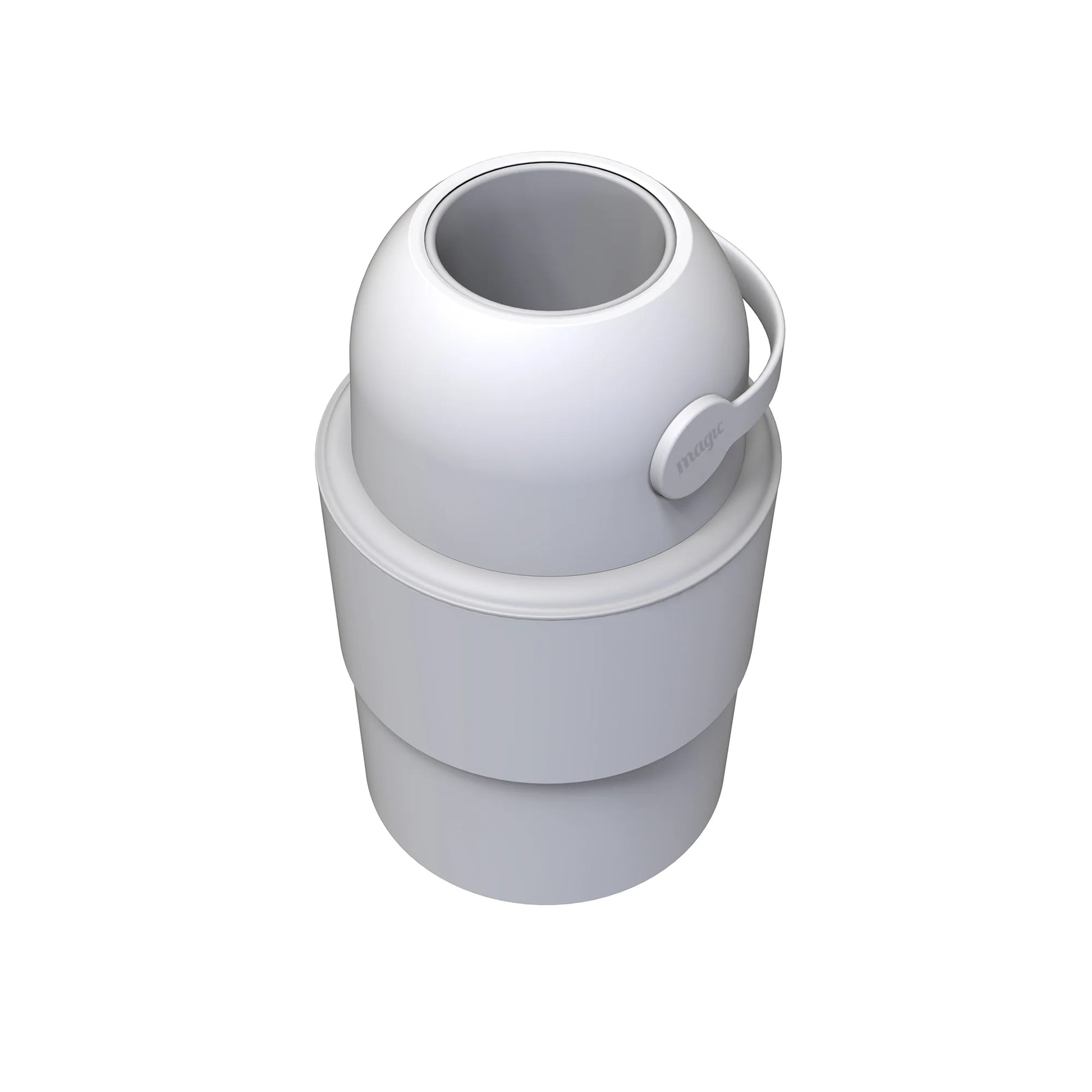 White Nappy bin can with a white lid on a white background