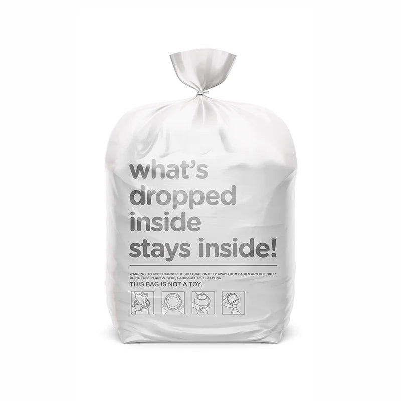 White nappy bin rolls in a white bag with text on a white background