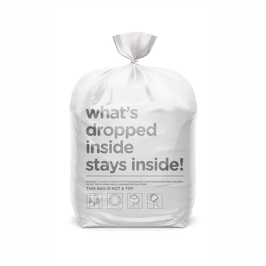 White nappy bin rolls in a white bag with text on a white background