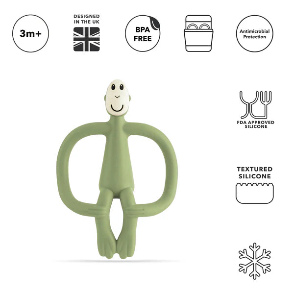 Green baby teether with certification icons on a white background