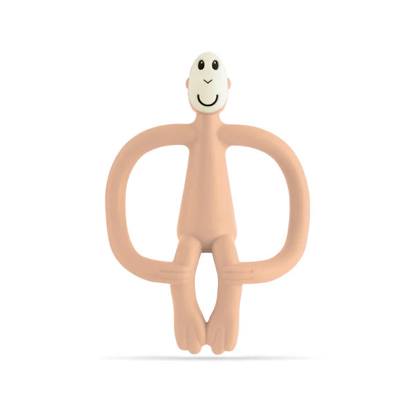 Silicone peach coloured monkey-shaped teether on a white background