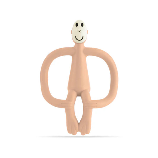 Silicone peach coloured monkey-shaped teether on a white background