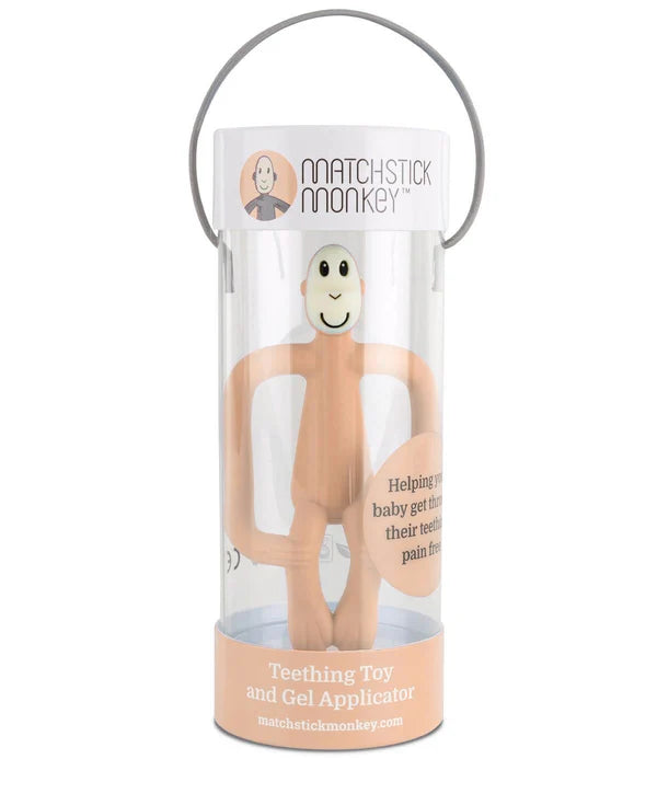 Teething peach silicone monkey toy packaging with a cartoon monkey design on a white background