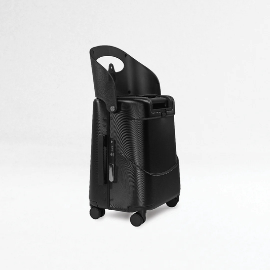 Black carry on suitcase with seat  on a light white background