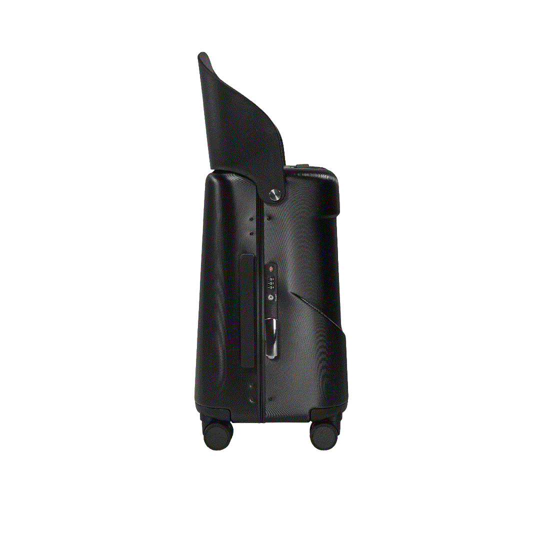 Black carry on suitcase with seat on a white background. 