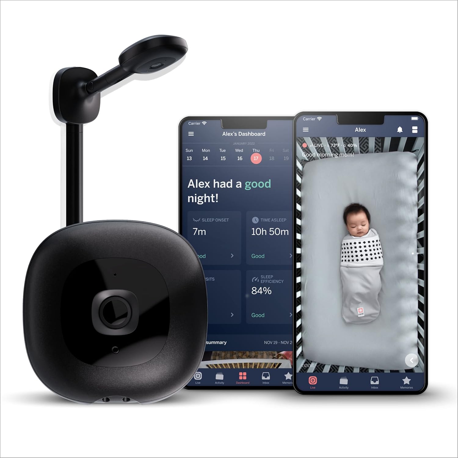Baby monitor with smartphone displaying app interface on a white background