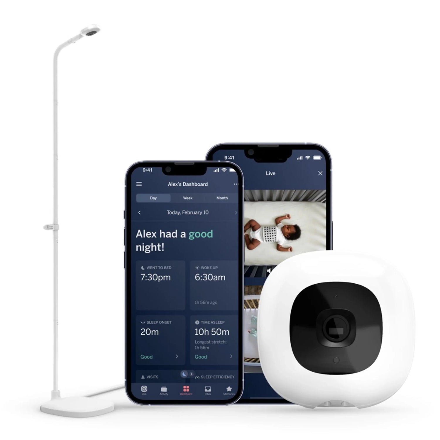 Smart home device with two smartphones displaying an app interface on a white background