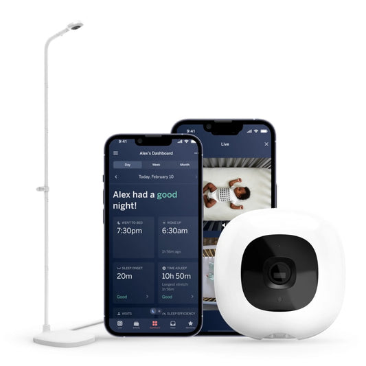 Smart home device with two smartphones displaying an app interface on a white background
