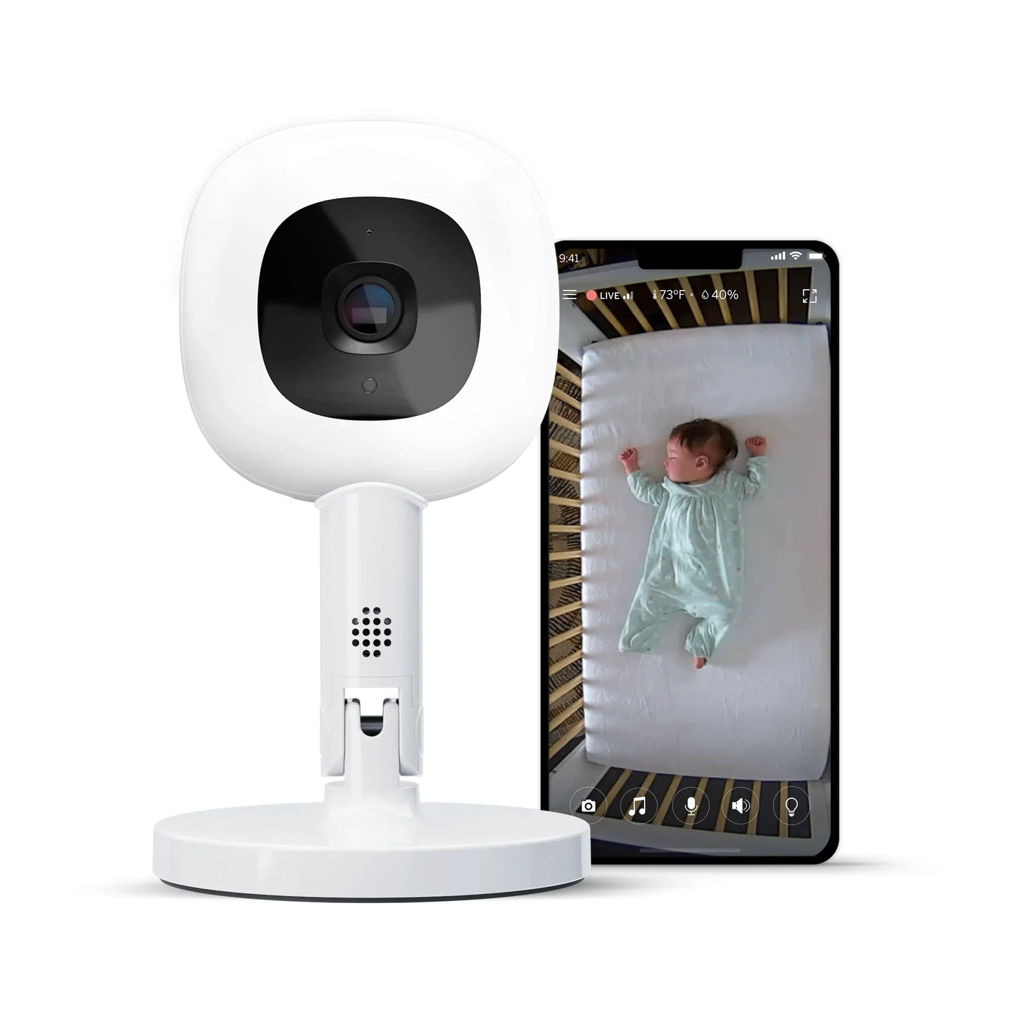 Smart Nanit camera with a smartphone displaying a baby on a crib on white flex stand on white background 