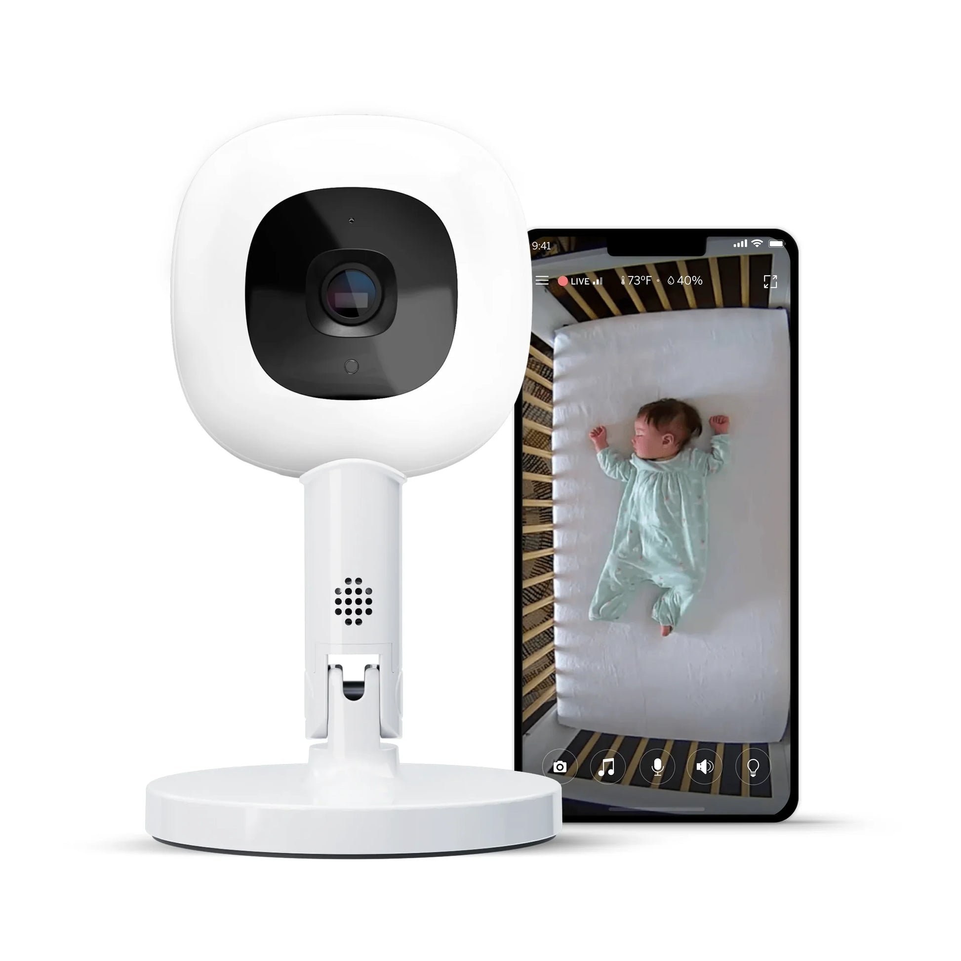 Smart Nanit camera with a smartphone displaying a baby on a crib on white flex stand on white background 