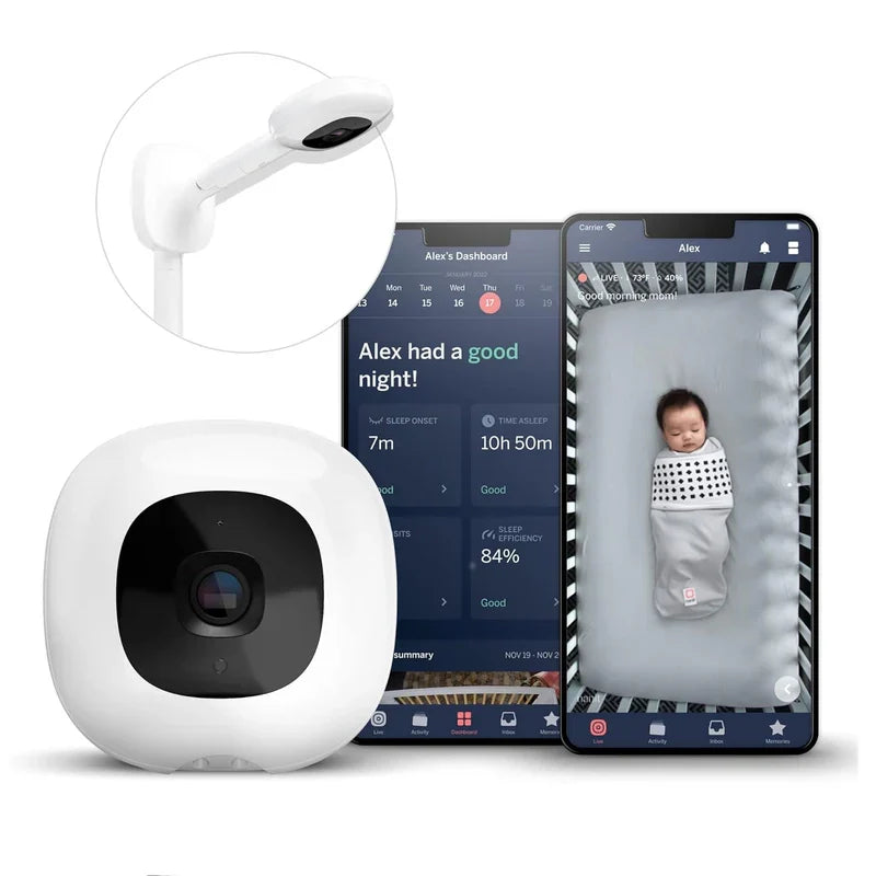 Baby monitor with smartphone app displaying baby's sleep and video feed on a white background