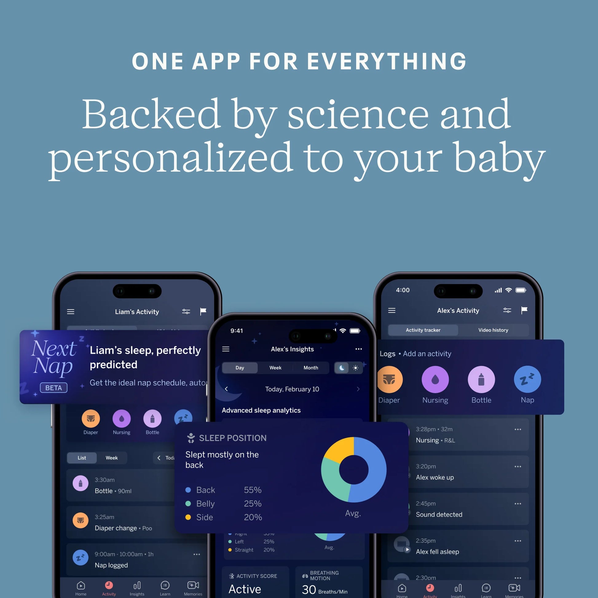 Smartphone app interface with various screens on a blue background, featuring text about personalized baby monitoring.