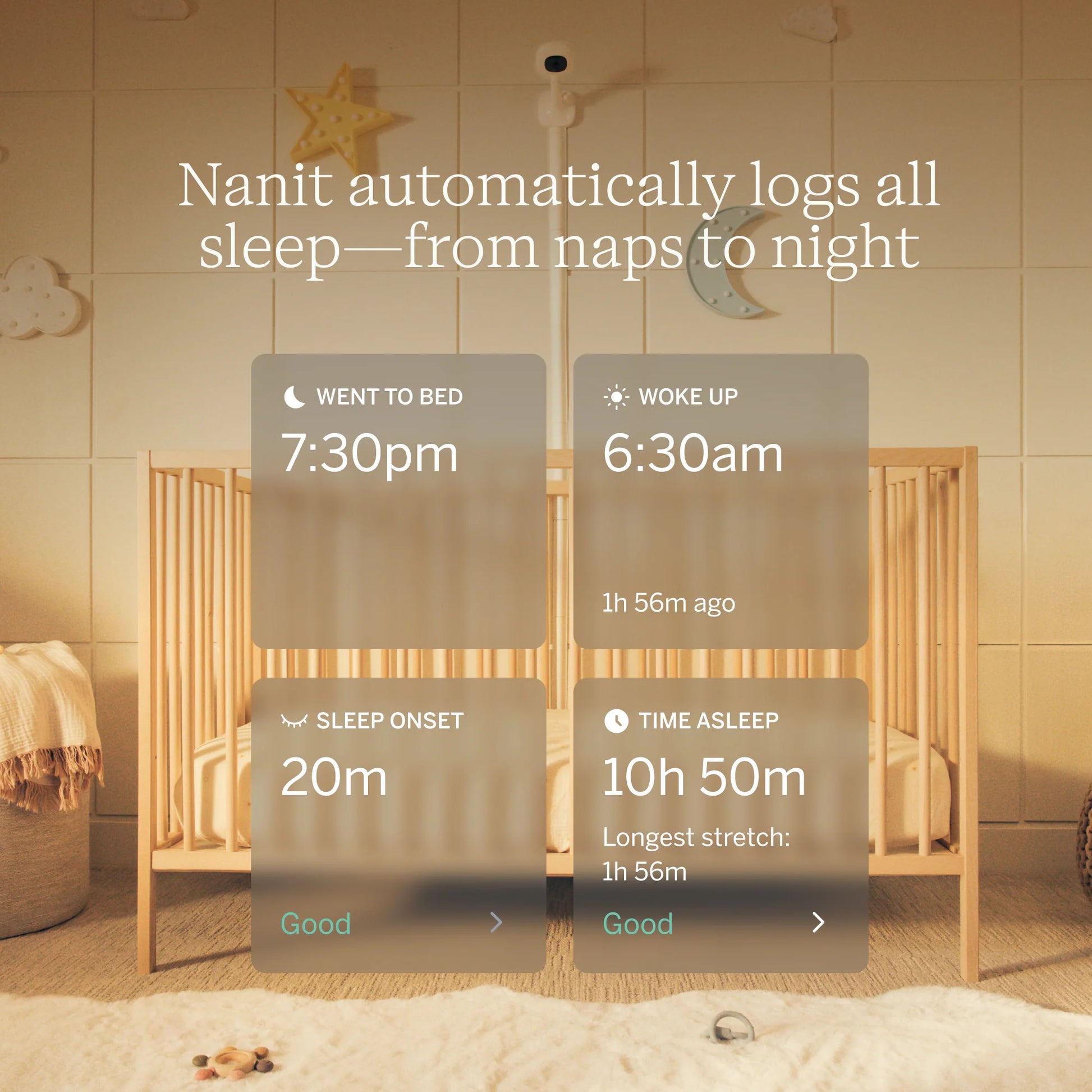 Baby crib with sleep tracking display in a nursery setting