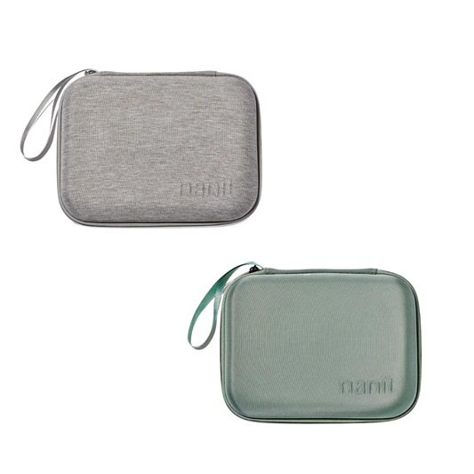 one gray and one  green zippered travel cases with 'nanit'  branding on a white background