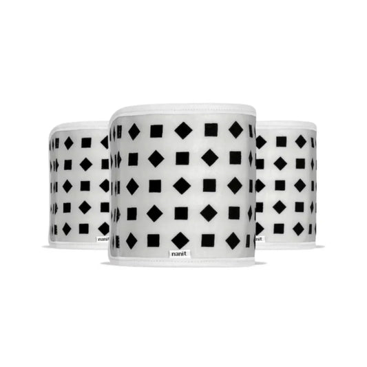 Three white breathing bands with black geometric pattern on a white background