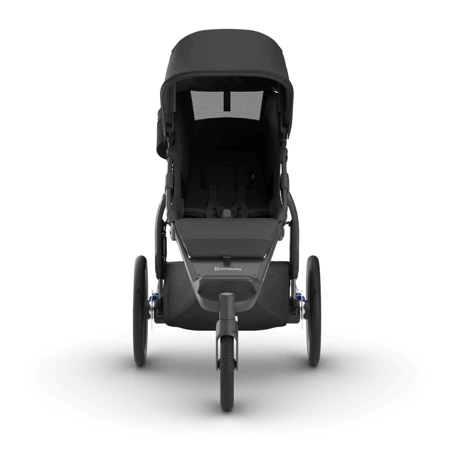 Black 3 wheel all terrain stroller son a white background