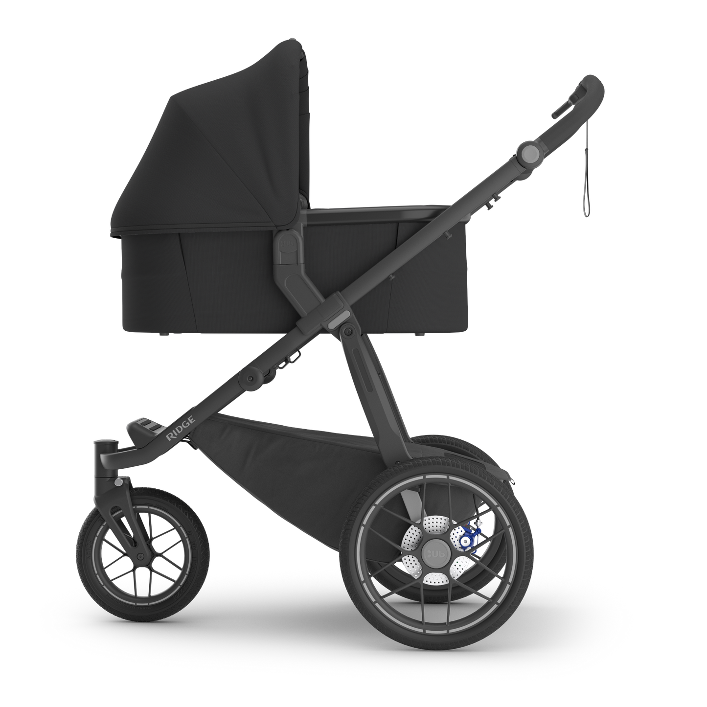 Black 3 wheel all terrain stroller stroller with black bassinet attached  on a white background