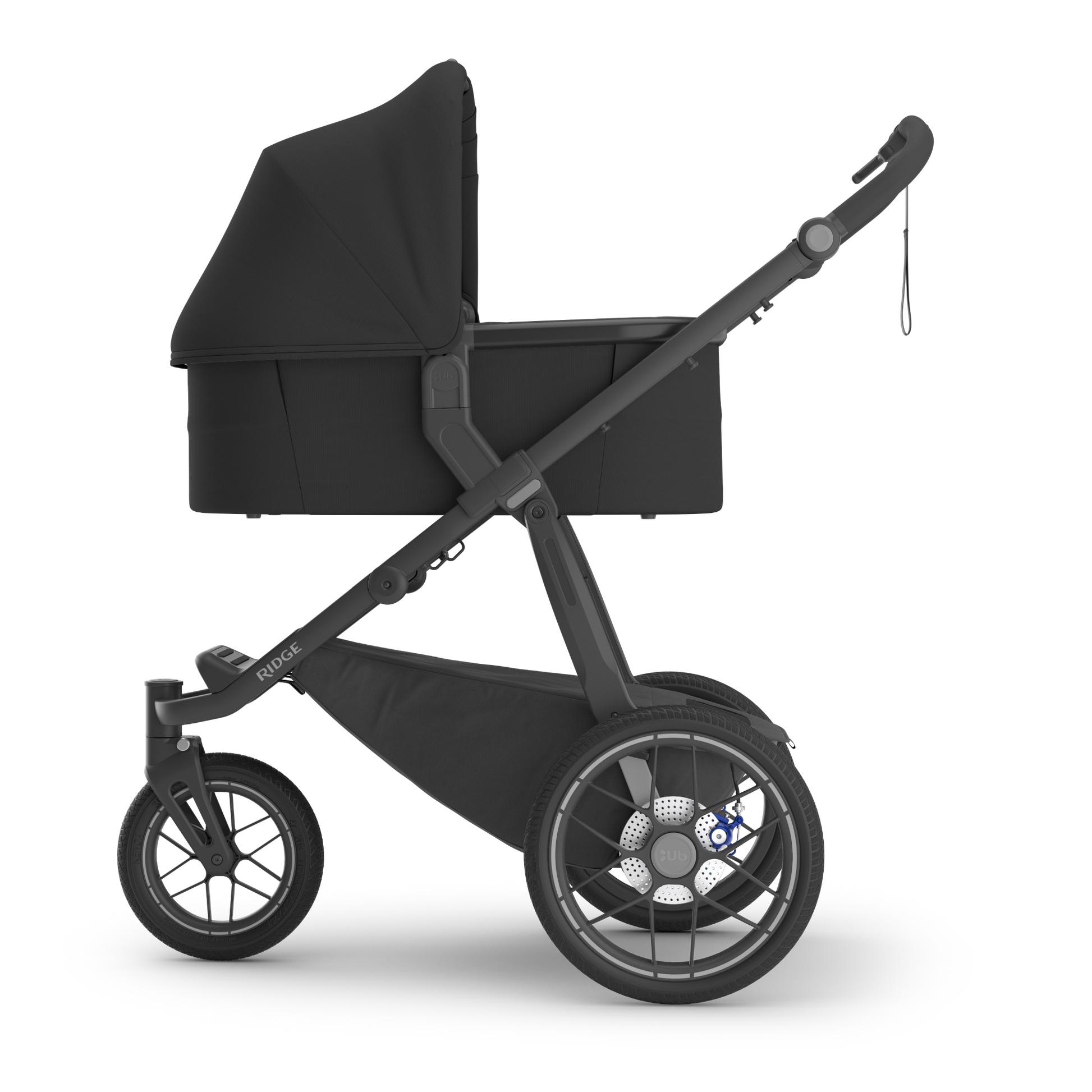 Black 3 wheel all terrain stroller stroller with black bassinet attached  on a white background