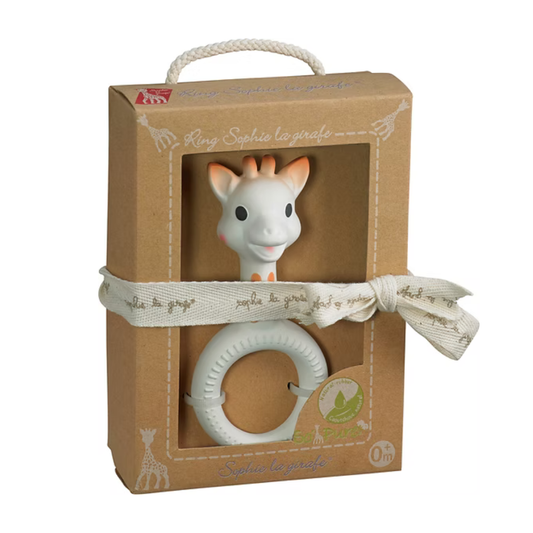 Sophie la girafe teething ring in a decorative box on a white background