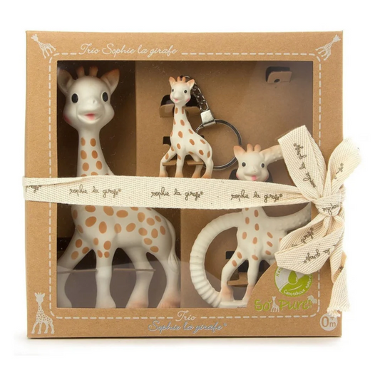 Set of Sophie la girafe toys in a decorative box with a ribbon.