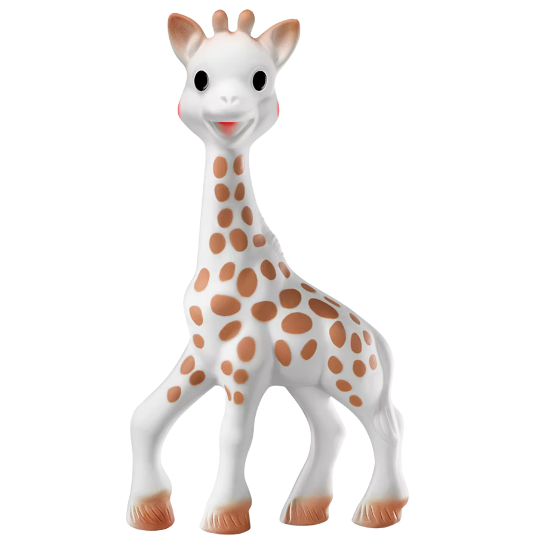 Giraffe-shaped Sophie teething toy on a white background