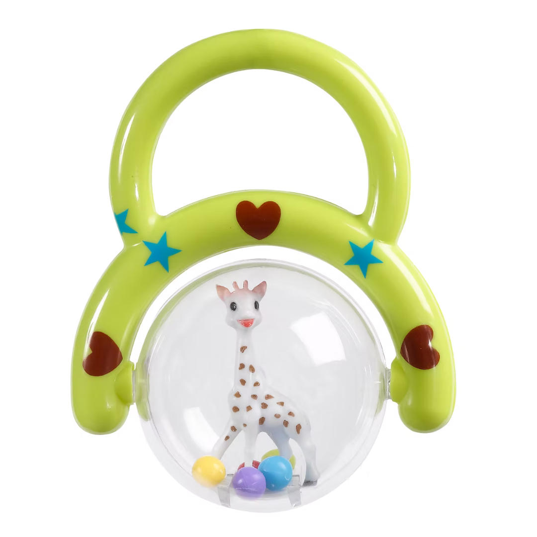 Toy with a giraffe figure and colorful beads on a white background