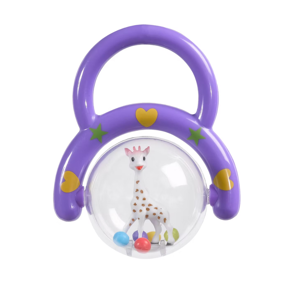 Purple baby rattle with a transparent center featuring a cartoon deer on a white background
