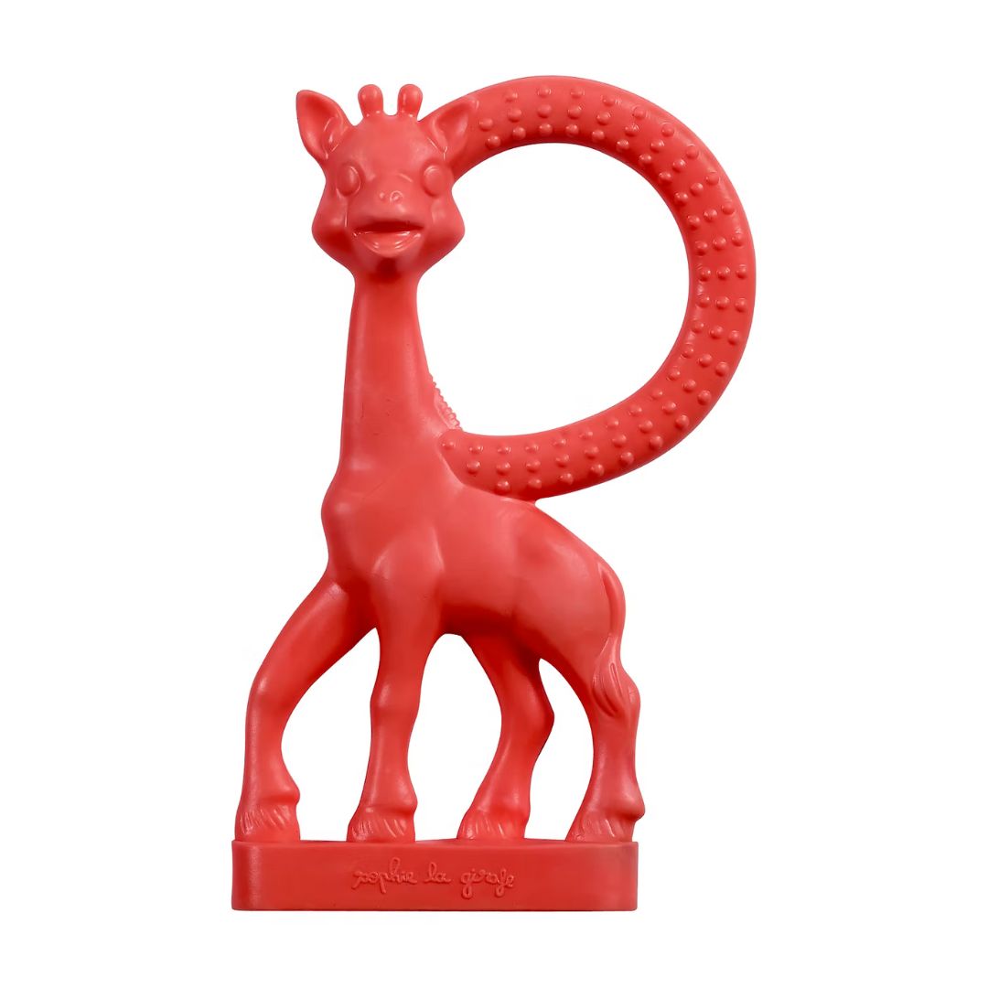 Red giraffe-shaped teething toy on a white background