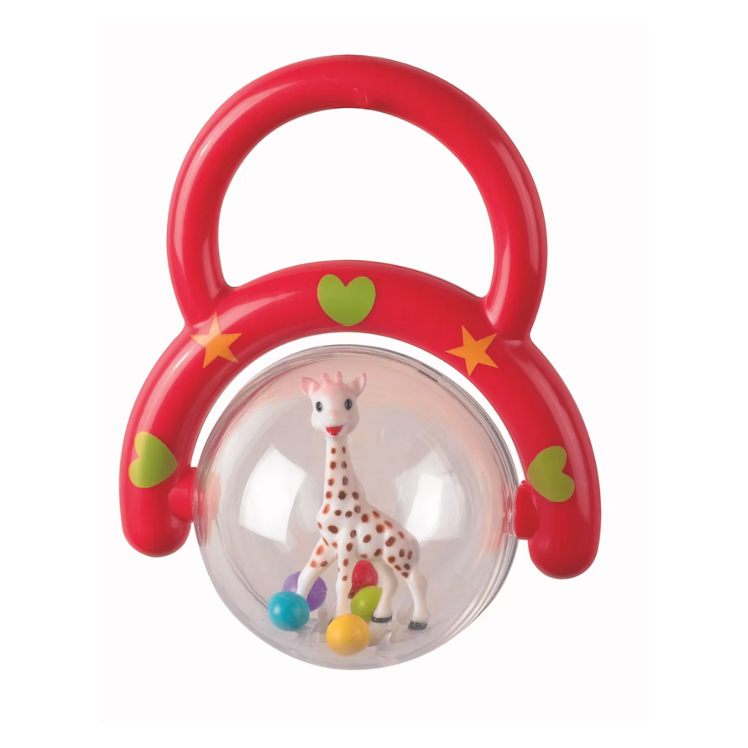 Red baby rattle with a giraffe toy inside on a white background