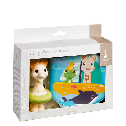 Baby bath toy set in packaging with a giraffe figure and colorful book.
