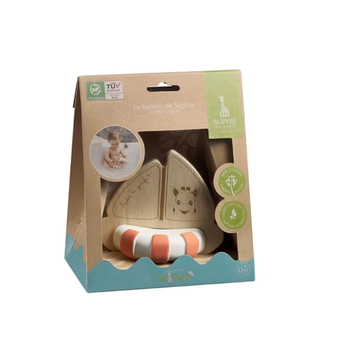 Bath Toy with wooden boat with giraffe on it and rubber ring attached in gift packaging. 