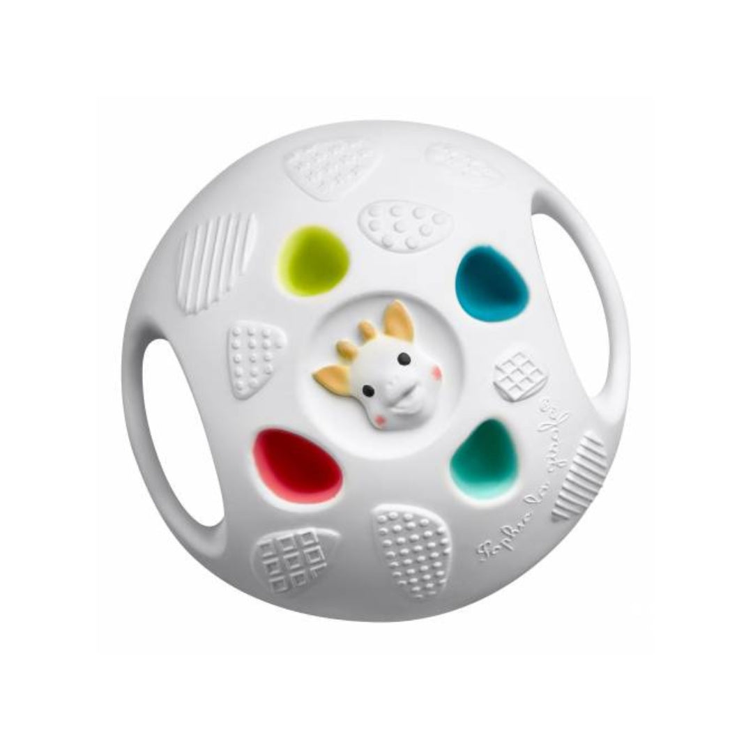 White baby teething ball with colorful designs on a white background