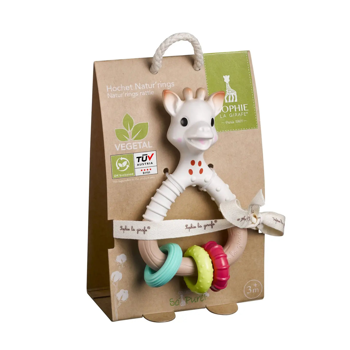 A Sophie la giraffe baby teether toy featuring a white giraffe head, a beige textured handle, and three colourful interlocking rings in teal, light green, and pink, set against a plain white background.