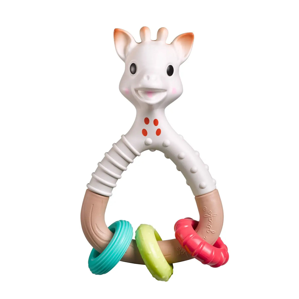 A Sophie la giraffe baby teether toy featuring a white giraffe head, a beige textured handle, and three colourful interlocking rings in teal, light green, and pink, set against a plain white background.