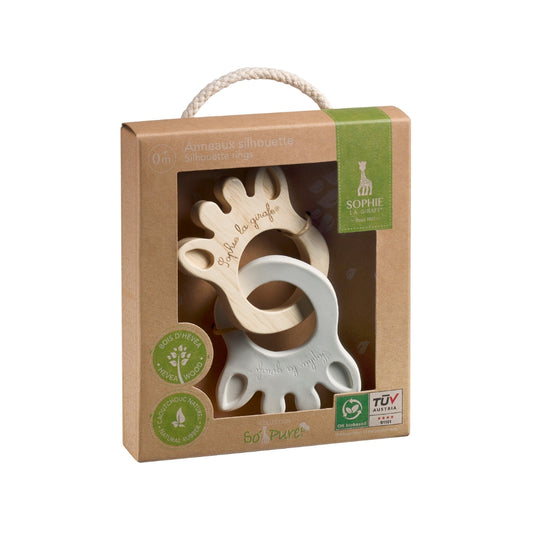 Teething toy in a brown packaging box with visible brand logo on a white background