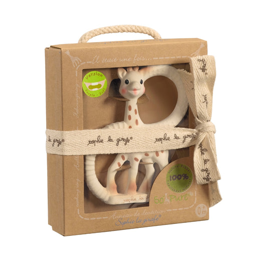 Sophie la girafe teether in a brown packaging box with visible branding.
