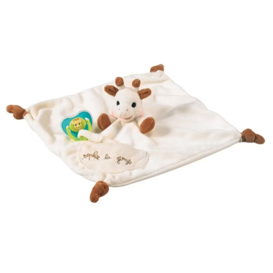 Baby comfort blanket with plush sophie the giraffe on a white background