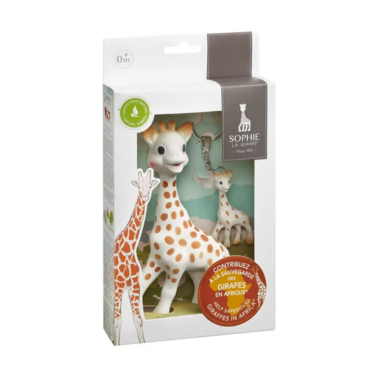 Sophie la girafe toy packaging with branding and product image on a white background