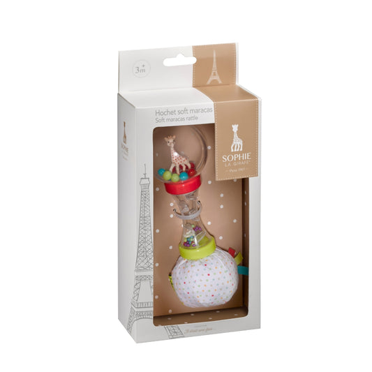 Sophie la girafe soft maracas in packaging with Eiffel Tower design