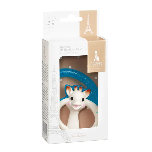 Sophie la girafe teether packaging with Eiffel Tower design on a white background